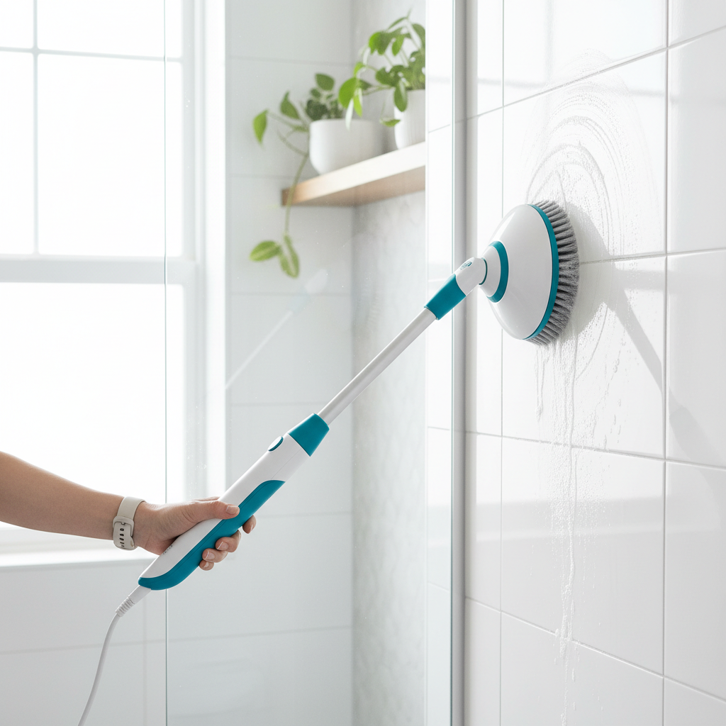 Power scrubber cleaning bathroom tiles